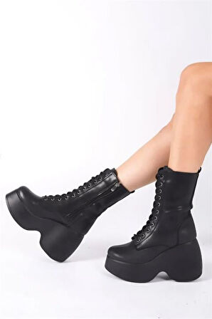 Kadın Riva Siyah Cilt Yandan Fermuarlı Bağcıklı Yüksek Dolgu Topuklu Uzun Bot Bootie