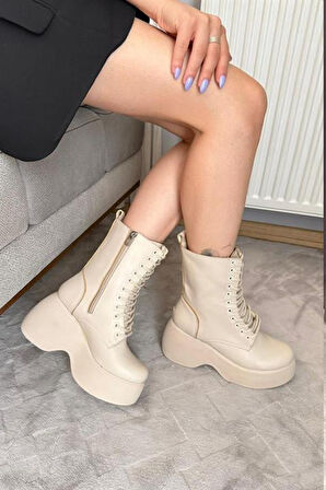 Kadın Riva Bej Cilt Yandan Fermuarlı Bağcıklı Yüksek Dolgu Topuklu Uzun Bot Bootie