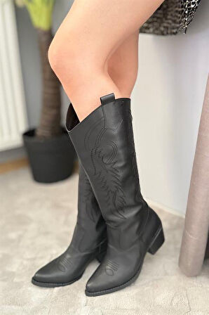 Kadın Jasire Siyah Deri Nakışlı Western Kovboy Cowgirl Bot Çizme