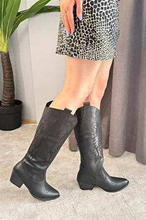 Kadın Jasire Siyah Deri Nakışlı Western Kovboy Cowgirl Bot Çizme