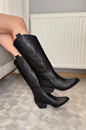 Kadın Jasire Siyah Deri Nakışlı Western Kovboy Cowgirl Bot Çizme