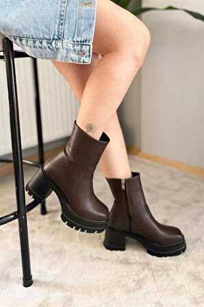 Kadın Pita Kahverengi ( 8 cm ) Platfom Topuklu Fermuarlı Bot