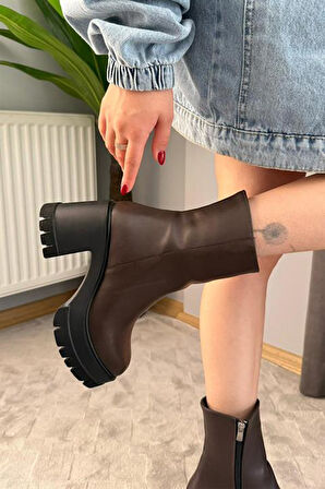 Kadın Pita Kahverengi ( 8 cm ) Platfom Topuklu Fermuarlı Bot