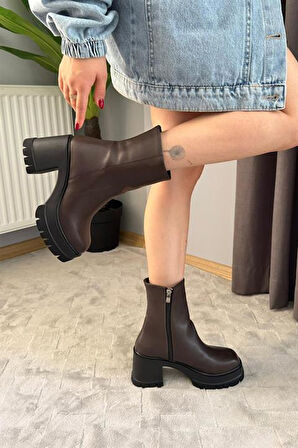 Kadın Pita Kahverengi ( 8 cm ) Platfom Topuklu Fermuarlı Bot