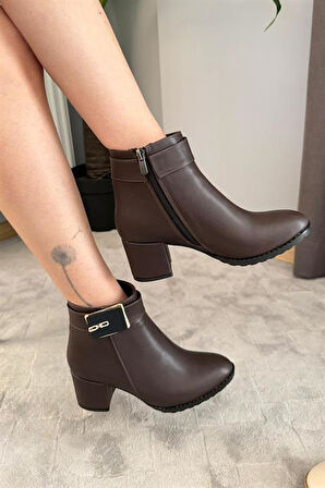 Kadın Mabel Kahverengi Tokalı ( 6 cm ) Topuklu Oval Burun Bot