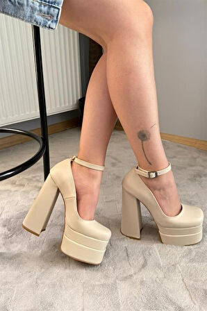 Kadın Sophia Bej Deri 15 cm Platform Topuklu Ayakkabı