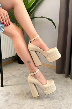 Kadın Sophia Bej Deri 15 cm Platform Topuklu Ayakkabı