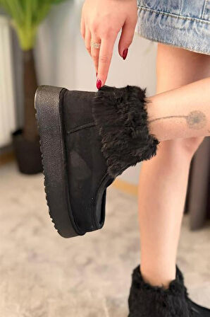 Kadın İmpera Siyah Süet Kürklü Fermuarlı 4 cm Kalın Tabanlı Kısa Bot