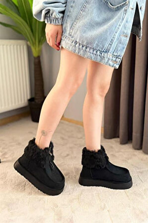 Kadın İmpera Siyah Süet Kürklü Fermuarlı 4 cm Kalın Tabanlı Kısa Bot