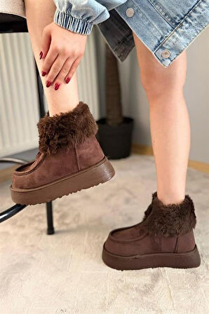 Kadın İmpera Kahverengi Süet Kürklü Fermuarlı 4 cm Kalın Tabanlı Kısa Bot