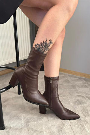 Kadın Volga Kahverengi Fermuarlı 8 cm Kalın Topuklu Strec Bot