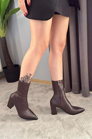 Kadın Volga Kahverengi Fermuarlı 8 cm Kalın Topuklu Strec Bot