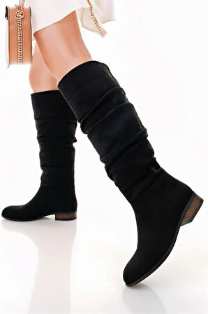 Kadın Mika Siyah Süet Düz Taban Büzgülü Diz Altı Boy Çekme Çizme