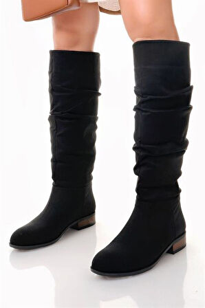 Kadın Mika Siyah Süet Düz Taban Büzgülü Diz Altı Boy Çekme Çizme