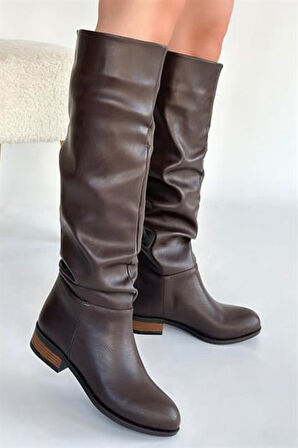 Kadın Mika Kahverengi Deri Düz Taban Büzgülü Diz Altı Boy Çekme Çizme