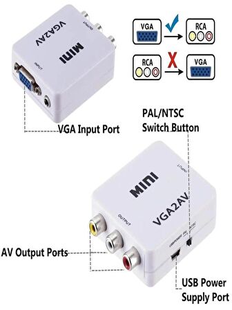 Vga To Av 3RCA 1080p Video Çevirici Dönüştürücü Adaptör 3.5mm