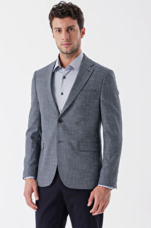 Desenli Armürlü Mono Yaka Çift Yırtmaç 6 Drop Slim Fit Dar Kesim Klasik Ceket 1002235133 Koyu Lacivert