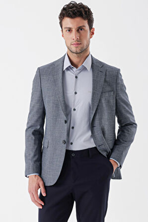 Desenli Armürlü Mono Yaka Çift Yırtmaç 6 Drop Slim Fit Dar Kesim Klasik Ceket 1002235133 Koyu Lacivert