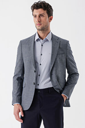 Desenli Armürlü Mono Yaka Çift Yırtmaç 6 Drop Slim Fit Dar Kesim Klasik Ceket 1002235133 Koyu Lacivert
