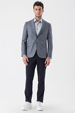 Desenli Armürlü Mono Yaka Çift Yırtmaç 6 Drop Slim Fit Dar Kesim Klasik Ceket 1002235133 Koyu Lacivert