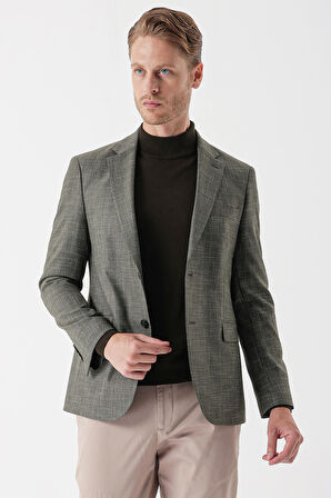 Desenli Armürlü Mono Yaka Çift Yırtmaç 6 Drop Slim Fit Dar Kesim Klasik Ceket 1002235133 Koyu Haki