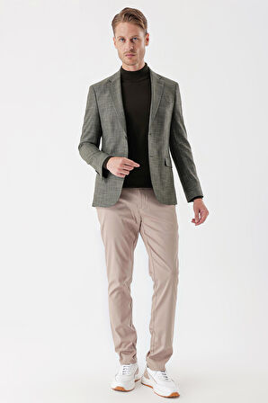 Desenli Armürlü Mono Yaka Çift Yırtmaç 6 Drop Slim Fit Dar Kesim Klasik Ceket 1002235133 Koyu Haki