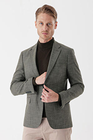 Desenli Armürlü Mono Yaka Çift Yırtmaç 6 Drop Slim Fit Dar Kesim Klasik Ceket 1002235133 Koyu Haki
