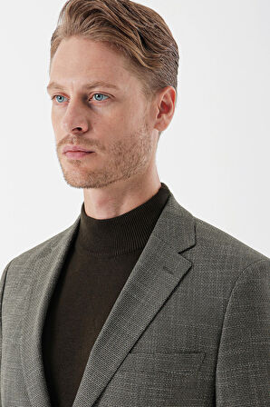 Desenli Armürlü Mono Yaka Çift Yırtmaç 6 Drop Slim Fit Dar Kesim Klasik Ceket 1002235133 Koyu Haki