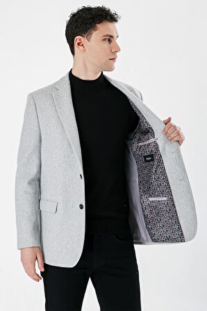 Gri Kaşe Mono Yaka Çift Yırtmaç Yünlü 6 Drop Comfort Fit Rahat Kesim Klasik Ceket 1002235140