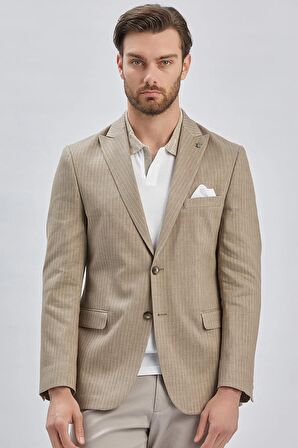 Koyu Bej Çizgili Kırlangıç Yaka Çift Yırtmaç 6 Drop Comfort Fit Rahat Kesim Klasik Ceket 1002240101