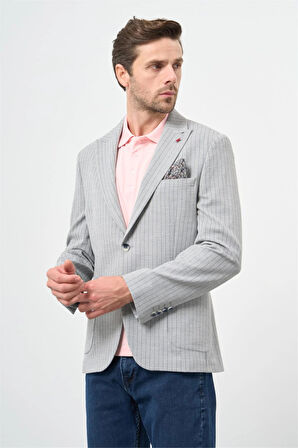Gri Çizgili Gofreli Kırlangıç Yaka Likralı 6 Drop Slim Fit Dar Kesim Klasik Ceket 1002240111