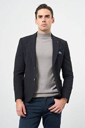 Koyu Lacivert Çizgili Gofreli Kırlangıç Yaka Likralı 6 Drop Slim Fit Dar Kesim Klasik Ceket 1002240111