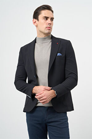 Koyu Lacivert Çizgili Gofreli Kırlangıç Yaka Likralı 6 Drop Slim Fit Dar Kesim Klasik Ceket 1002240111
