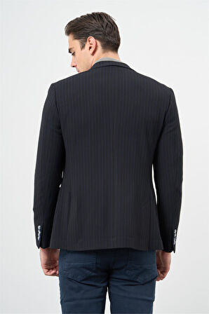 Koyu Lacivert Çizgili Gofreli Kırlangıç Yaka Likralı 6 Drop Slim Fit Dar Kesim Klasik Ceket 1002240111