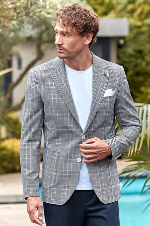 Koyu Lacivert Ekoseli Armürlü Mono Yaka Likralı 6 Drop Slim Fit Dar Kesim Klasik Ceket 1002240115