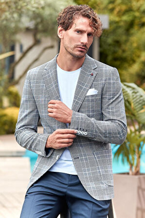 Koyu Lacivert Ekoseli Armürlü Mono Yaka Likralı 6 Drop Slim Fit Dar Kesim Klasik Ceket 1002240115