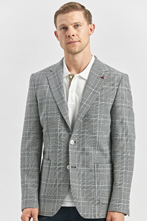 Koyu Lacivert Ekoseli Armürlü Mono Yaka Likralı 6 Drop Slim Fit Dar Kesim Klasik Ceket 1002240115