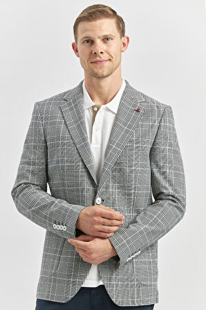 Koyu Lacivert Ekoseli Armürlü Mono Yaka Likralı 6 Drop Slim Fit Dar Kesim Klasik Ceket 1002240115