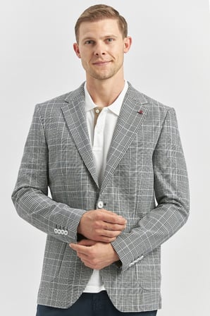 Koyu Lacivert Ekoseli Armürlü Mono Yaka Likralı 6 Drop Slim Fit Dar Kesim Klasik Ceket 1002240115