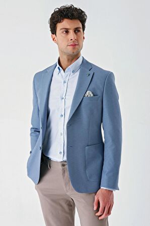 Koyu Mavi Örme Mono Yaka Çift Yırtmaç Likralı 6 Drop Slim Fit Dar Kesim Klasik Ceket 1002240138
