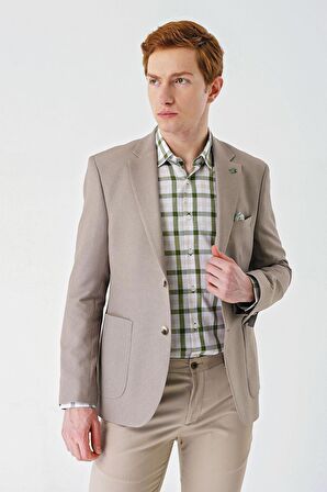 Bej Örme Mono Yaka Çift Yırtmaç Likralı 6 Drop Slim Fit Dar Kesim Klasik Ceket 1002240138