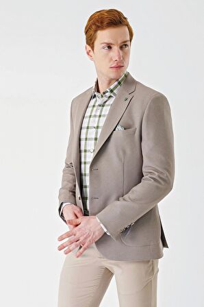 Bej Örme Mono Yaka Çift Yırtmaç Likralı 6 Drop Slim Fit Dar Kesim Klasik Ceket 1002240138