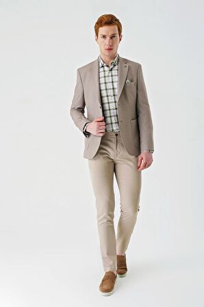 Bej Örme Mono Yaka Çift Yırtmaç Likralı 6 Drop Slim Fit Dar Kesim Klasik Ceket 1002240138