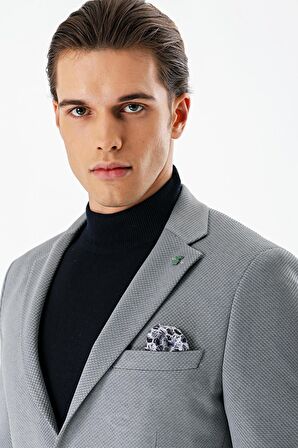 Gri Desenli Mono Yaka Astarlı Çift Yırtmaç 6 Drop Slim Fit Dar Kesim Klasik Ceket 1002240150