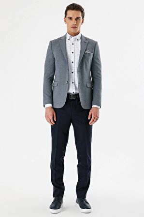 Lacivert Desenli Mono Yaka Çift Yırtmaç Likralı 6 Drop Slim Fit Dar Kesim Klasik Ceket 1002240151