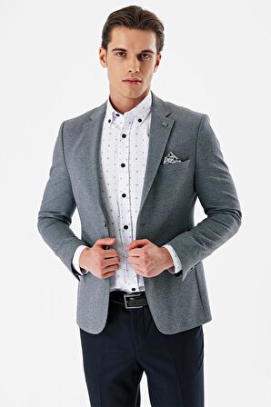 Lacivert Desenli Mono Yaka Çift Yırtmaç Likralı 6 Drop Slim Fit Dar Kesim Klasik Ceket 1002240151