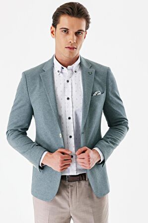 Yeşil Desenli Mono Yaka Çift Yırtmaç Likralı 6 Drop Slim Fit Dar Kesim Klasik Ceket 1002240151
