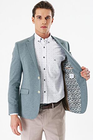 Yeşil Desenli Mono Yaka Çift Yırtmaç Likralı 6 Drop Slim Fit Dar Kesim Klasik Ceket 1002240151