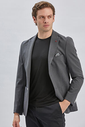Koyu Antrasit Desenli Kırlangıç Yaka Likralı 6 Drop Slim Fit Dar Kesim Casual Ceket 1002240155