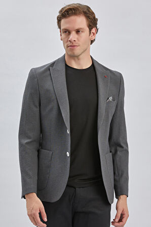 Koyu Antrasit Desenli Kırlangıç Yaka Likralı 6 Drop Slim Fit Dar Kesim Casual Ceket 1002240155